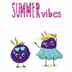 Vector illustration of funny characters, cartoon characters, blueberry funny fruit, summer vibes, party, beach.