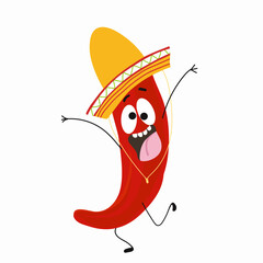 Red chili pepper funny cartoon character in sambrero.