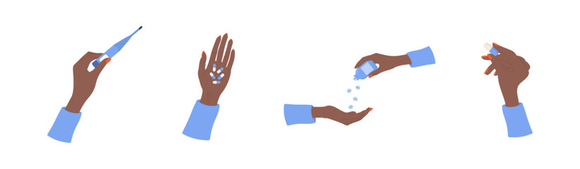 African female hands holding pills. Healthcare concept. Women drinking vegan vitamin capsules for immunity support and healthy lifestyle. Vector illustration in flat cartoon style.