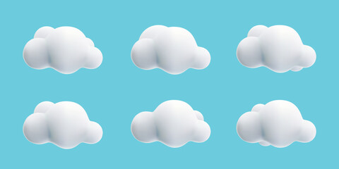 3d white fluffy cloud cartoon style collection set on blue sky