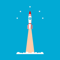 White rocket shuttle spaceship or missile launch take-off with curve stars on blue sky background flat vector design.