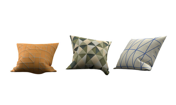 Patterned pillows on a transparent background. 3D rendering.