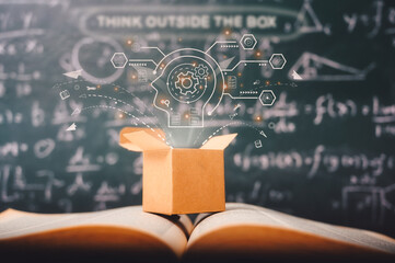 think outside the box on school green blackboard . startup education concept. creative idea....