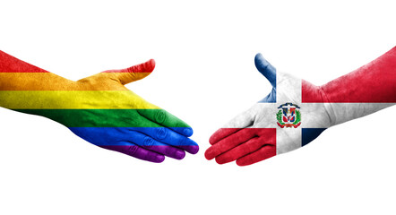 Handshake between Dominican Republic and LGBT flags painted on hands, isolated transparent image.