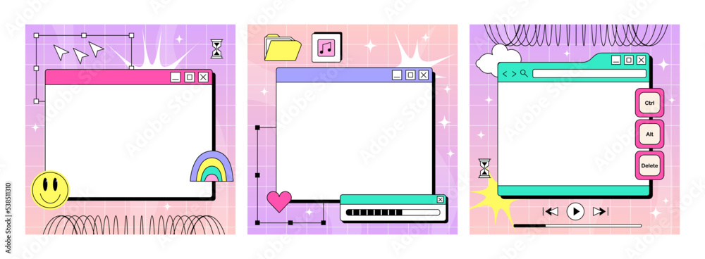 Poster Set of sheets for writing in the y2k style. Retro interface of an old computer with a bright color. Retro wave and vaporwave