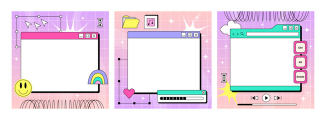 Set of sheets for writing in the y2k style. Retro interface of an old computer with a bright color. Retro wave and vaporwave
