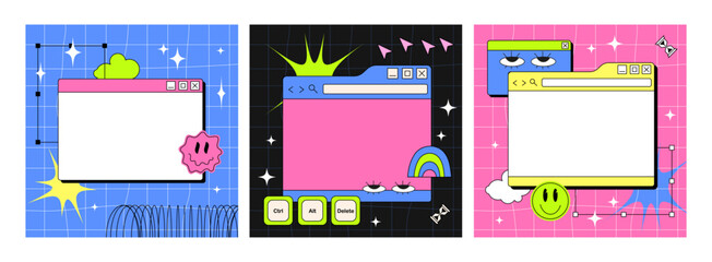 A set of PC windows in the y2k style. Retro interface of an old computer with a bright color. Retro wave and vaporwave