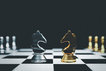 The golden and silver kings of chess are the last ones standing on the chess board, the concept of successful business leadership, confrontation and loss. Isolated black background. 3D