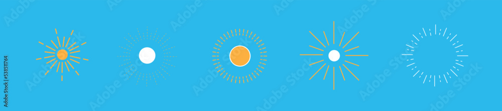 Wall mural set of sun drawings on blue sky background. vector illustration