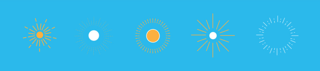 set of sun drawings on blue sky background. vector illustration