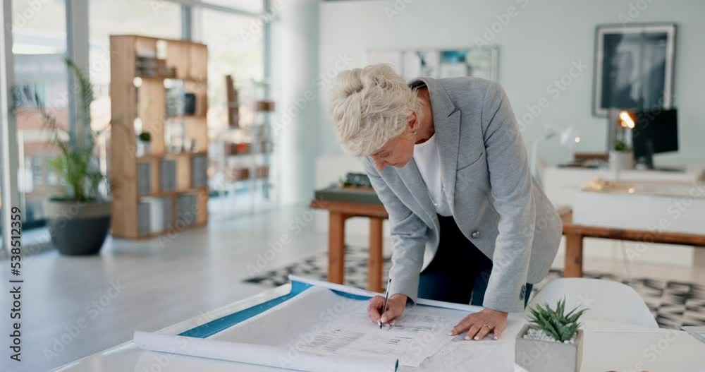 Aufkleber design, architecture and review with woman in office and working on blueprint for engineering, const