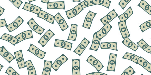 Money flying seamless pattern. Dollar banknotes randomly falling. USA currency signs abstract repeating texture. Wrapping background. Stylized vector eps8 illustration.