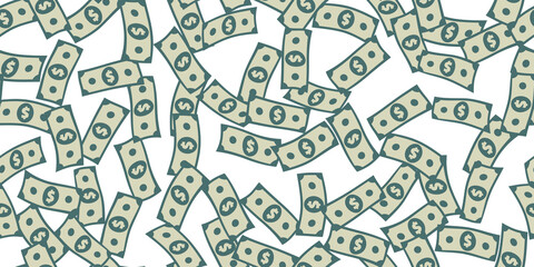 Money flying seamless pattern. Dollar banknotes randomly falling. USA currency signs abstract repeating texture. Wrapping background. Stylized vector eps8 illustration.