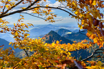 View from the top of Trzy Korony to the Pieniny mountains in autumn colors.