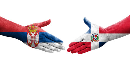 Handshake between Dominican Republic and Serbia flags painted on hands, isolated transparent image.