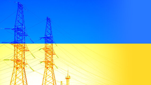 Ukrainian flag with electric tower and lines and sunlight. Energy supply in Ukraine. High electricity and energy market prices. Crisis situation. - Powered by Adobe
