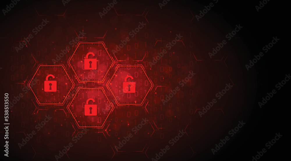 Fototapete cyber security destroyed.padlock red open on electric circuits network dark red background.cyber att