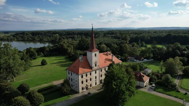 Chropyne,Czech republic - August 23 2022: renaissance chateau Chropyne,Moravian region,Czech republic,Europe, aerial panorama landscape view
