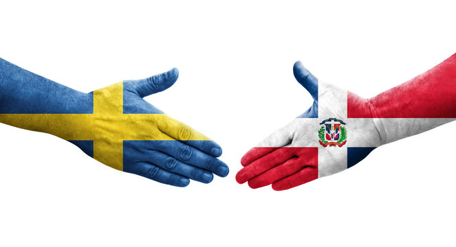 Handshake between Dominican Republic and Sweden flags painted on hands, isolated transparent image.