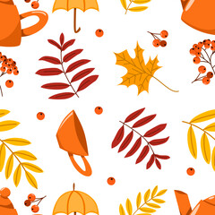 Seamless vector pattern of various autumn leaves, rowan berries and tea mugs on a white background.