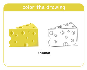 Coloring book for children. Piece of cheese colored and black and white. vector illustration.