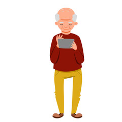 An elderly man is playing on a tablet. Flat vector illustration in cartoon style.