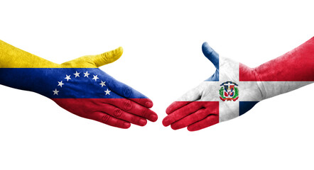 Handshake between Dominican Republic and Venezuela flags painted on hands, isolated transparent image.