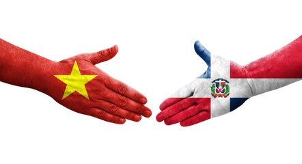 Handshake between Dominican Republic and Vietnam flags painted on hands, isolated transparent image.