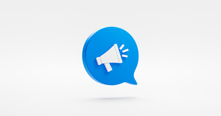 Blue loudspeaker 3d icon isolated on white communication equipment background with megaphone sign speech message speaker symbol or audio media sound volume broadcast and shout announcement concept.