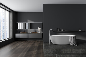 Fototapeta na wymiar Grey bathroom interior with bathtub and sink. Mockup empty wall