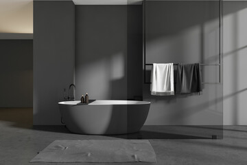 Grey bathroom interior with bathtub and glass partition