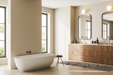 Naklejka na ściany i meble Stylish bathroom interior with bathtub and sink. Mockup empty wall
