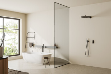 Corner view on bright bathroom interior with bathtub, shower - obrazy, fototapety, plakaty