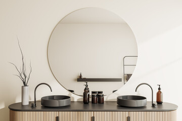 Light bathroom interior with two washbasins and mirror, accessories on deck