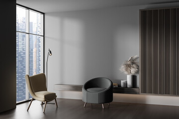 Naklejka na ściany i meble Grey relax interior with seats and decoration near window. Mockup empty wall