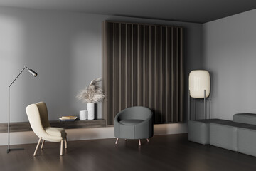 Corner view on dark living room interior with armchairs, sofa