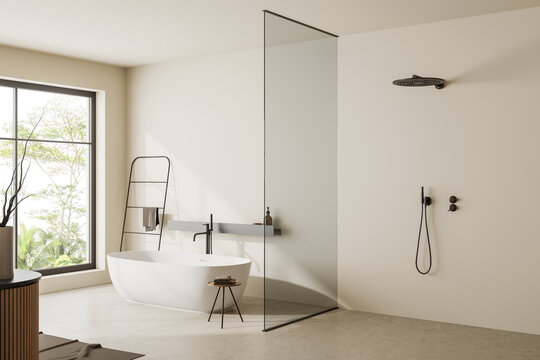 Corner view on bright bathroom interior with bathtub, shower