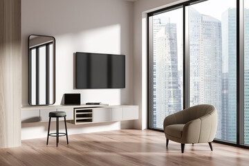 Light chill room interior with tv and drawer with laptop, panoramic window