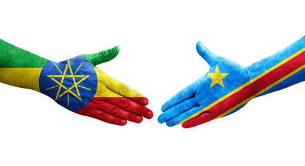 Handshake between Dr Congo and Ethiopia flags painted on hands, isolated transparent image.