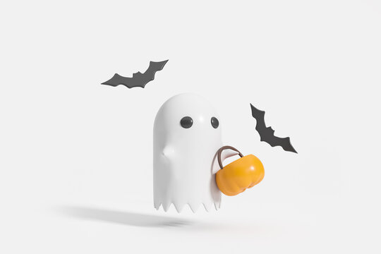 Cartoon ghost with pumpkin bag, flying bats