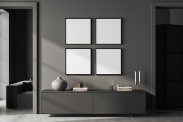 Grey exhibition room interior with drawer and decoration, mockup frames