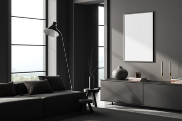 Grey living room interior with couch and drawer, panoramic window. Mockup frame