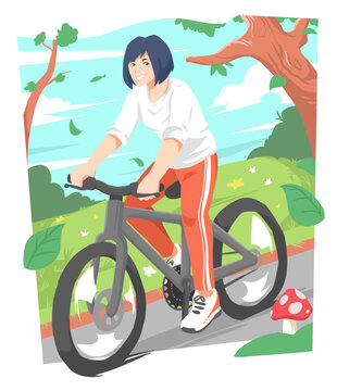 illustration of a young woman riding a bicycle on the road. garden background, grass, trees. the concept of sports, hobbies, transportation, nature, health, etc. hand drawn vector