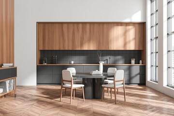 Modern kitchen interior with dining table and seats, decor and panoramic window