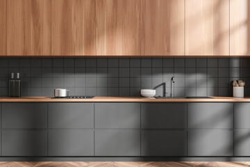 Stylish kitchen interior with hidden cabinets and kitchenware