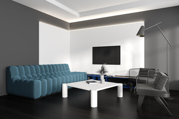 Stylish meeting room interior with couch and tv screen, decoration