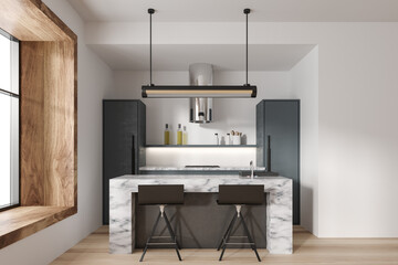 Stylish kitchen interior with bar countertop and seats, panoramic window