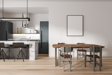 Light kitchen interior with dining table and chais, cooking area. Mockup frame