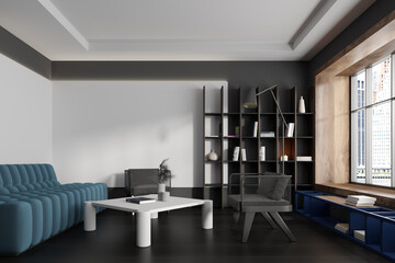 Grey living room interior with couch and shelf, panoramic window