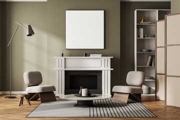 Stylish relax interior with seats and fireplace with decor. Mockup frame